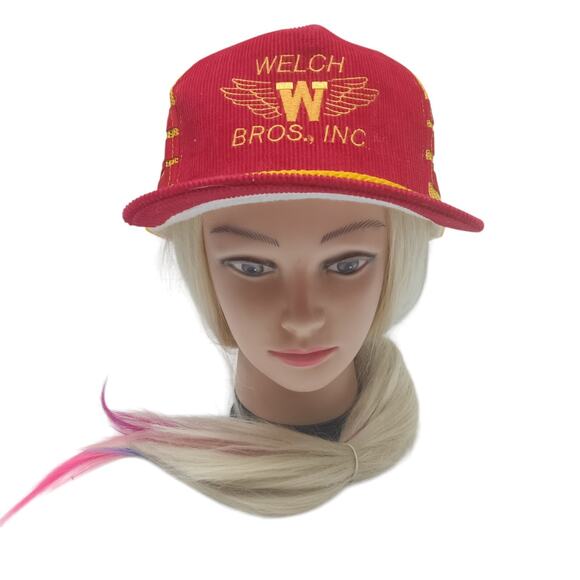 Vintage Welch Bros Inc Snapback Trucker Red Yellow Mesh Hat Cap 3 STRIPE, NWOT - Picture 1 of 6